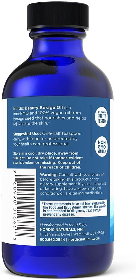 Nordic Naturals Nordic Beauty Borage Oil Unflavored - 4 Ounces - Borage Seed Oil Unique Omega-6 for Healthy and Hydrated Skin 480 Milligrams of GLA - Non-GMO - Vegan 48 Servings