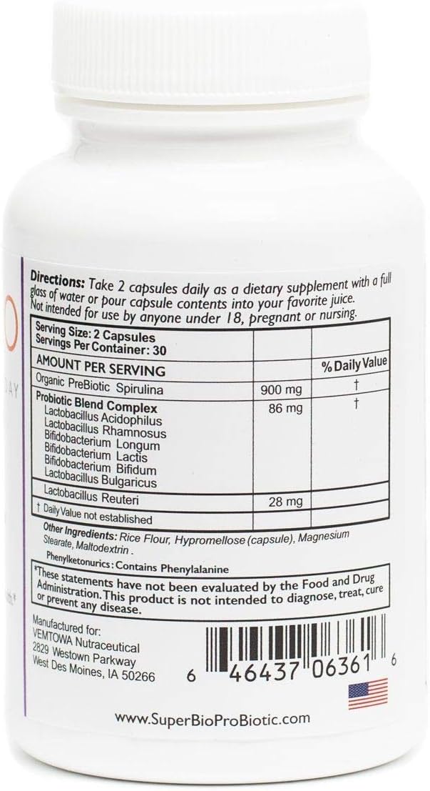 SuperBio probiotic with Organic spirulina Designed to Nourish Beneficial Gut Bacteria and Support Digestive Balance. A Premium probiotic with prebiotic Support for Daily Wellness.