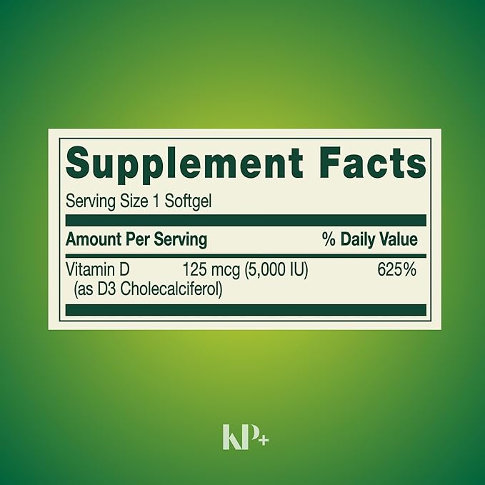 KP+ Vitamin D3 125 mcg (5000 IU) | Bone &amp Immune Health | Gluten Free | 250 Softgels | Pack of 1