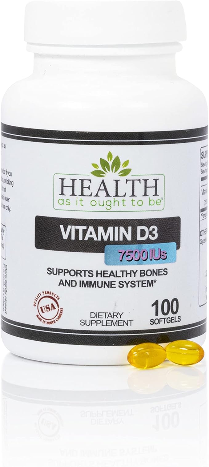 Health As It Ought To Be Vitamin D3 7500 IU Supplement 188mcg – Physician Formulated – Supports Bone &amp Immune Health – 100 Softgels