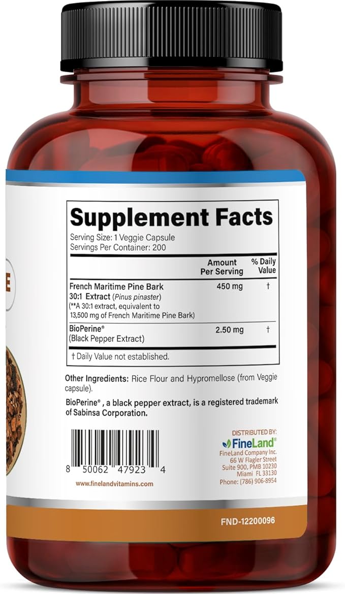 FineLand French Maritime Pine Bark 30:1 Extract Max Strength 450 mg Per Serving Antioxidant 200 Veggie Caps of Pine Bark Supplement for 200 Days 100% Natural