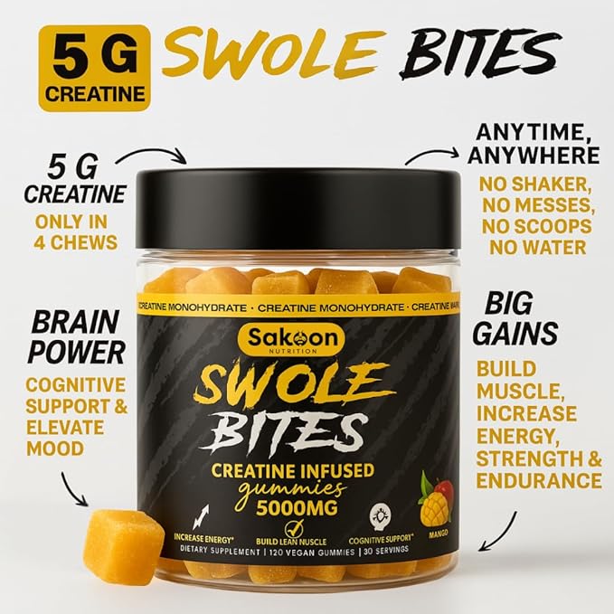 Creatine Gummies 5000mg – Vegan - Muscle Builder – Strength &amp Energy Support – 120 Count – Mango Flavor – Creatine Monohydrate Supplement for Men &amp Women