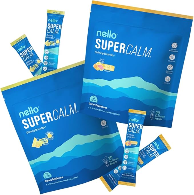 Nello Supercalm Drink Mix - Lemon Lime and Tropical Tangerine Ashwagandha KSM 66 Magnesium Glycinate &amp L-Theanine Supplement - Focus and Relaxation Support (20 Travel Packets)