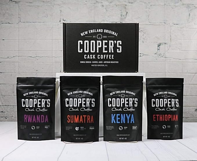 Gourmet Coffee Sampler Gift Box Set (Sumatra Dark Kenya AA Medium-Dark Rwanda Medium Natural Ethiopian Medium-Light) and Ethiopian Bright Light Roast Grade 1 Whole Coffee Bean 12oz Bag