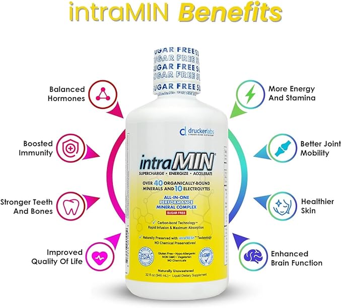 Drucker Labs - intraMIN Organic Liquid Minerals Supplement for Men Women Kids Immune and Muscle Support Non GMO Gluten Free Vegan Electrolytes Sugar Free (32 oz.Unflavored)