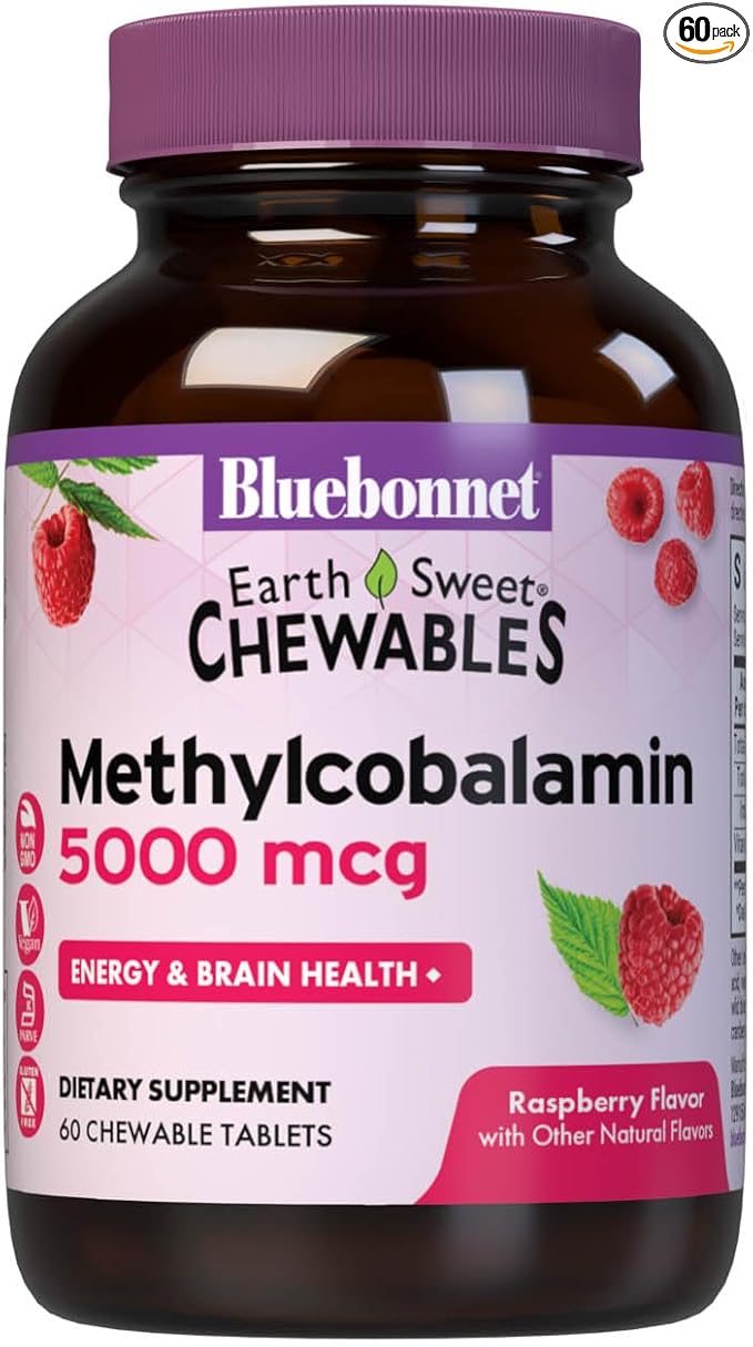 Bluebonnet Nutrition EarthSweet Methylcobalamin 5000 mcg Active Coenzyme Form of Vitamin B12 Supports Energy Boost &amp Metabolism - Vegan Gluten-Free - Raspberry Flavor - 60 Chewable Tablets