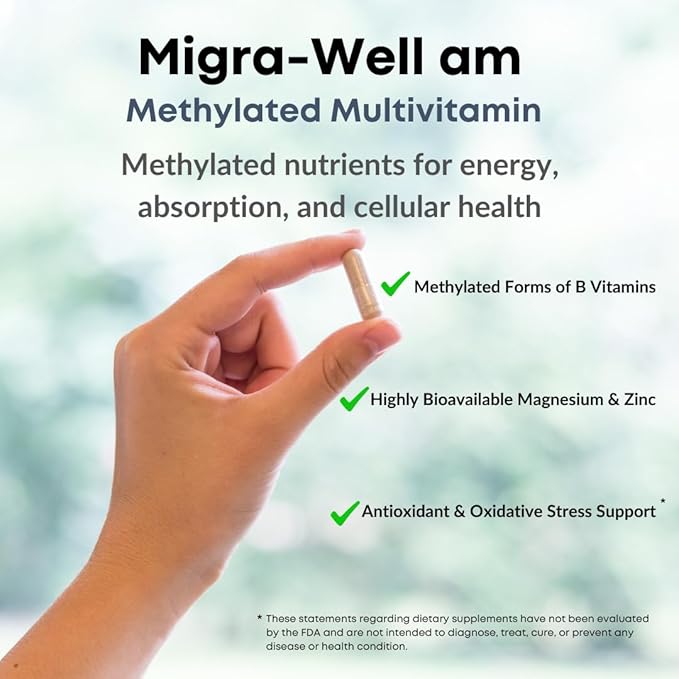 Migra-Well AM: Energizing Daily Methylated Multivitamin with Bioavailable Minerals &amp Antioxidants Supporting Brain &amp Nerve Health for Women and Men - Without Iron (60 Capsules)