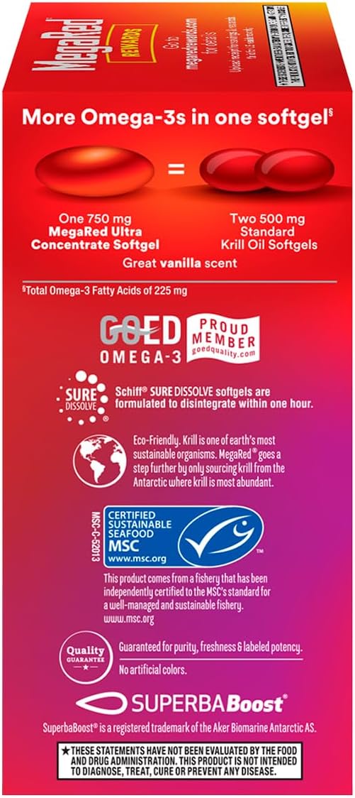 MegaRed Ultra Concentrate 750mg Omega-3 Krill Oil Fatty Acid Supplement with EPA/DHA Antioxidant Astaxanthin No Fish Oil Aftertaste Supports Heart Health 80 Count Softgels (2 Pack)