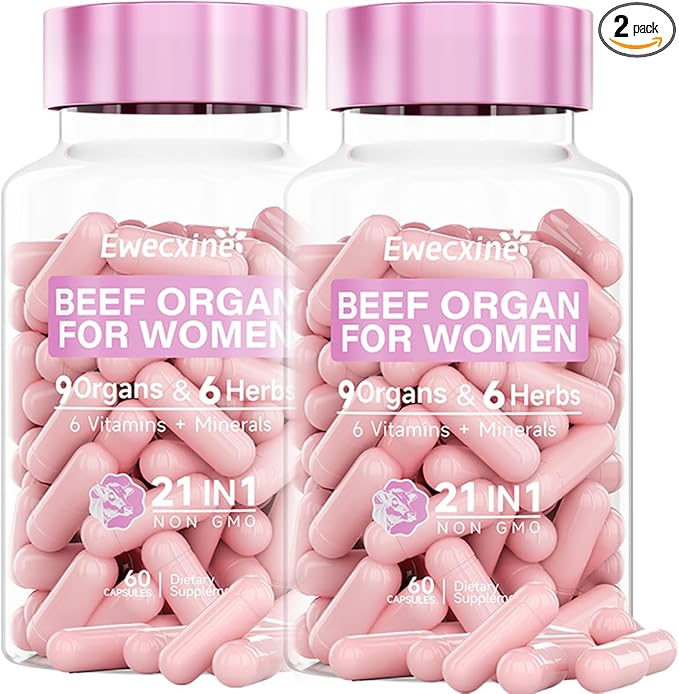 2-Pack Beef Organ Supplement for Women | 9-Organ Formula with Herbal Support Liver Uterus Ovary Heart &amp Kidney for Feminine Balance &amp Energy | New Zealand Grass-Fed | 2-Month Supply