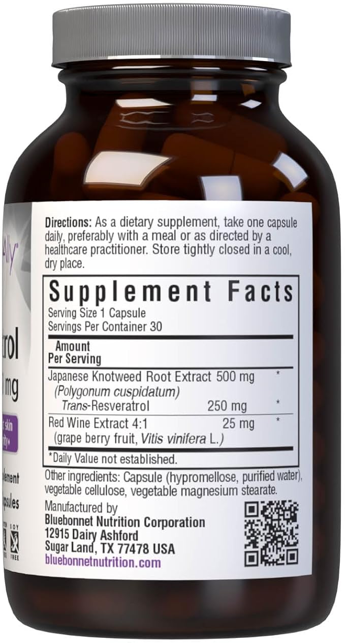Bluebonnet Nutrition Beautiful Ally Resveratrol 250 mg Protect Skin Integrity* Non-GMO Vegan Gluten-Free Soy-Free Dairy-Free 30 Vegetable Capsules 30 Servings