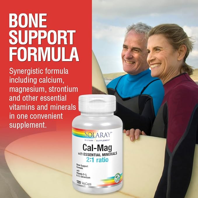 Solaray Cal-Mag with Essential Minerals | Calcium Magnesium Strontium Vitamins D-3 &amp K-2 | 30 Serv | 120 VegCaps