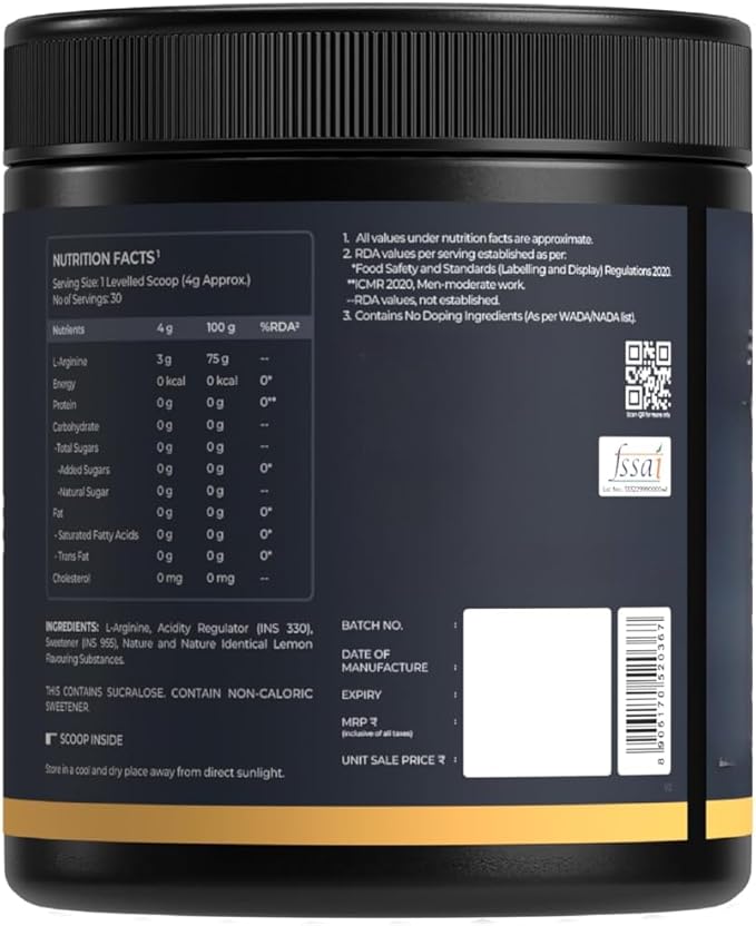 L-Arginine Supplement Lemon Flavor Pre Workout Amino Acid for Endurance Muscle Building &amp Help Muscle Recovery -120 Gm Powder