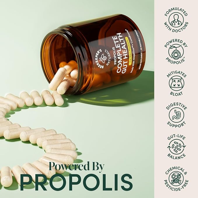 Complete Gut Health by Beekeeper's Naturals 3-in-1 Prebiotic Postbiotic Probiotics for Digestive Health &amp Bloating Relief for Women &amp Men Propolis Powered Gluten-Free Vegan Capsules 60ct