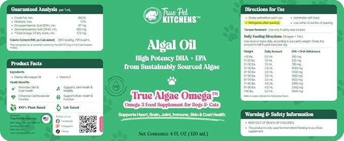 True Algae Omega | Plant Based Omega-3 Algal Oil for Dogs &amp Cats | DHA &amp EPA for Brain Nerve Heart Skin &amp Coat | Fish Oil Alternative | Single Ingredient | 4 oz