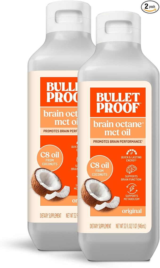 Bulletproof Brain Octane C8 MCT Oil 16 oz (Pack of 2) – 100% Pure Coconut Oil Triple-Distilled Keto Energy Supplement for Coffee &amp Smoothies Unflavored No Additives or Fillers Non-GMO
