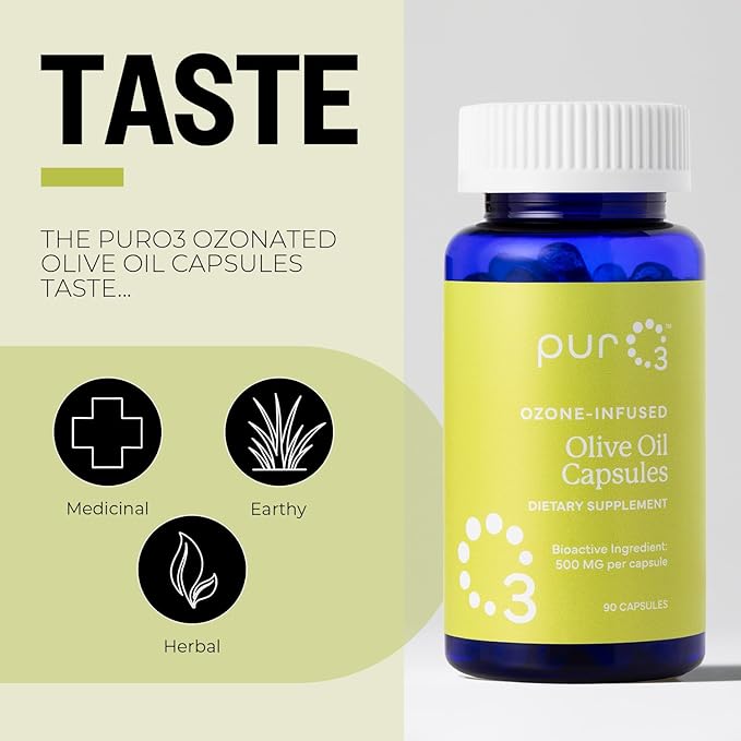PurO3 Extra Virgin Olive Oil Capsules - High Potency Pure Ozonated Oils for Immune Support &amp Wellness Benefits - Organic Oxygen Infused Supplement - 90 Veggie Softgels