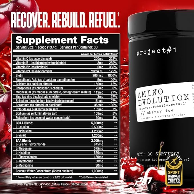 Project #1 AminoEVolution: Muscle Support &amp Recovery | BCAA's EAA's Electrolytes Powder | Keto-Friendly Energy Boost | Pre Workout for Men &amp Women | 30 Servings - Cherry Ice | Amino Acids