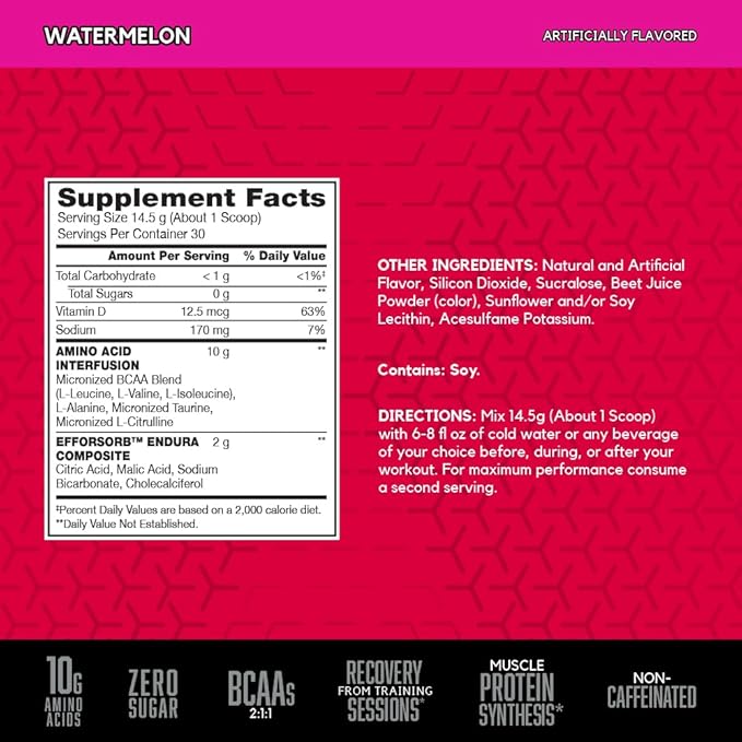 BSN Amino X Muscle Recovery &amp Endurance Powder BCAAs 10 Grams of Amino Acids Keto Friendly Caffeine-Free Support Endurance Zero Sugar Watermelon 30 servings 15.34 Ounce (Packaging May Var