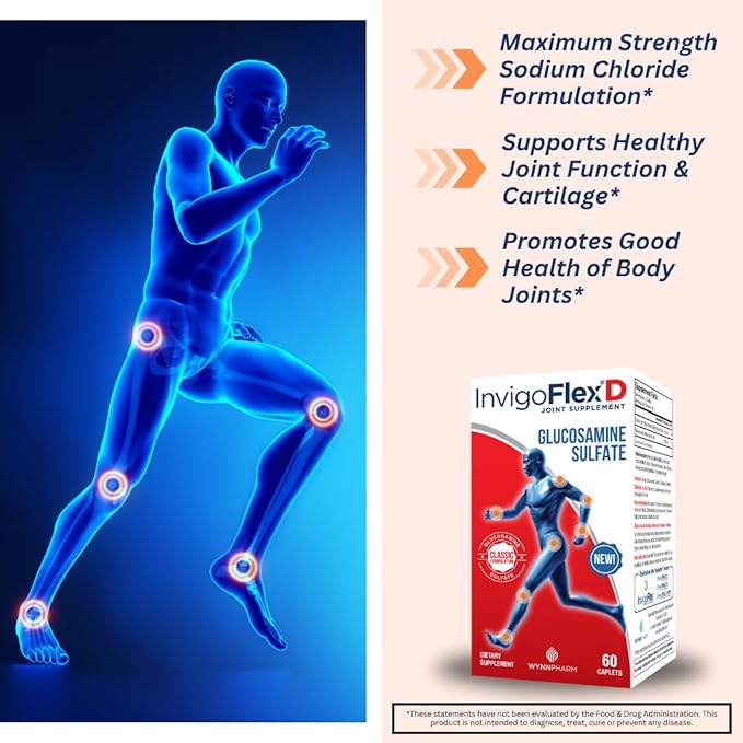 INVIGOFLEX® D - 1500mg of Glucosamine Sulfate (Classic Formulation) - Premium Joint Supplement for Knees Hands Back &amp Hip Support D: Glucosamine Sulfate Caplets - 60 Ct (Pack of 3)