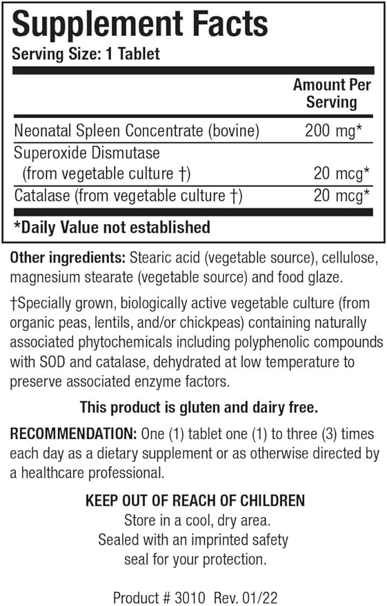 Biotics Research Cytozyme SP Neonatal Spleen Supports Healthy Iron and Bilirubin Levels Provides Immune Support Supports Spleen Function SOD Catalase Potent Antioxidant Activity 60 Tablets