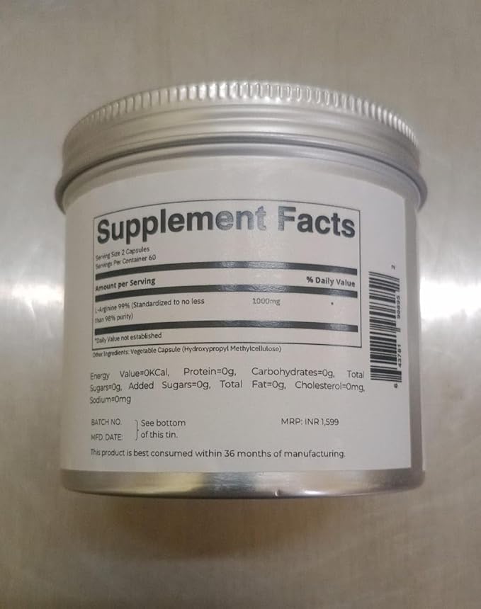 L-Arginine 1000mg Supplement for Men and Women - Supports Nitric Oxide Production - Supports Blood Circulation - Pre Workout Amino Acid Supplement (120 Capsules)
