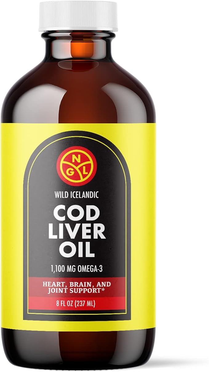 NGL Pure Cod Liver Oil - Wild Icelandic - 1100 mg Omega-3 + Natural Vitamin A &amp D - Heart and Brain Health Joint Support 8 Fl Oz