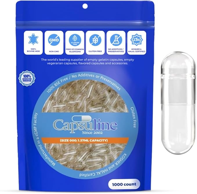 Capsuline Size 000 Empty Gelatin Capsules Clear - 1000 Count | Gluten Free Kosher Non-GMO Certified | Pure Bovine Pill Caps for DIY Supplement Filling