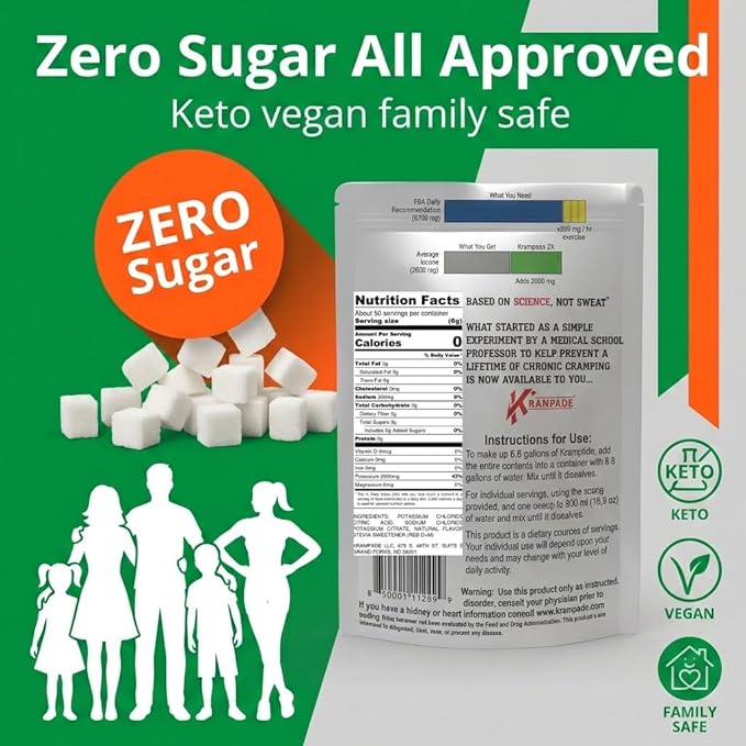 Krampade High Potassium Electrolytes Powder Zero Sugar Orange 4180mg Electrolytes 2000mg Potassium Cramp Relief &amp Prevention Cellular Hydration Better Endurance &amp Recovery Keto 50 Servi