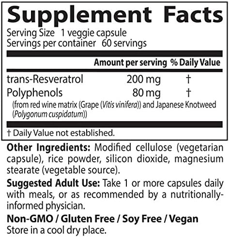 Doctor's Best Trans Resveratrol 200 mg Supplement for Men &amp Women - Red Wine Polyphenols for Health &amp Antioxidant Support Resveratrol Complex from Japanese Knotweed Vegan Non GMO - 60 Veg C