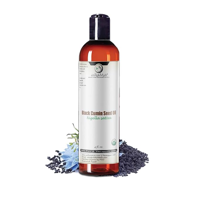 uh*Roh*Muh Premium USDA Organic Black Cumin Seed Oil – Cold-Pressed Nigella Sativa – 3% Thymoquinone (TQ Level) - 100% Pure Black Seed Cumin Oil for Skin Hair and Immune Support (4 Fl Oz)