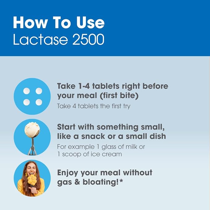 Intoleran Lactase 2500 Digestive Enzymes - 100 Tablet Dispenser | Supplement for Lactose Intolerance | Lactase Enzyme that Helps Digest Dairy &amp Lactose | Small Tablet &amp Ideal for Children | Ve