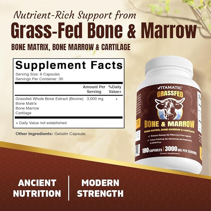 Vitamatic Grass-Fed Beef Bone &amp Marrow 180 Capsules – Freeze-Dried Non-GMO Bovine Liver Supplement – Pasture-Raised Glandular-Based Formula