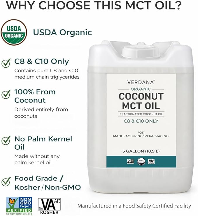 Verdana USDA Organic Coconut MCT Oil 5 Gallon (18.9 L) Bulk Size C8 &amp C10 Only Food Grade Non-GMO Kosher No Palm Kernel Oil