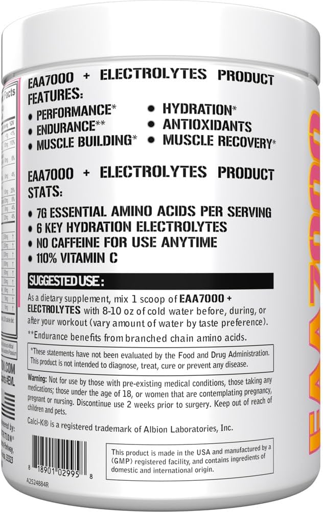 Evlution Nutrition EAA7000 + Electrolytes - Pre &amp Post Workout Powder - Muscle Building + Recovery Supplement - 7g EAAs + 5g BCAAs + 6 Key Electrolytes - Rapid Hydration - 30 Servings - Pink Lemon