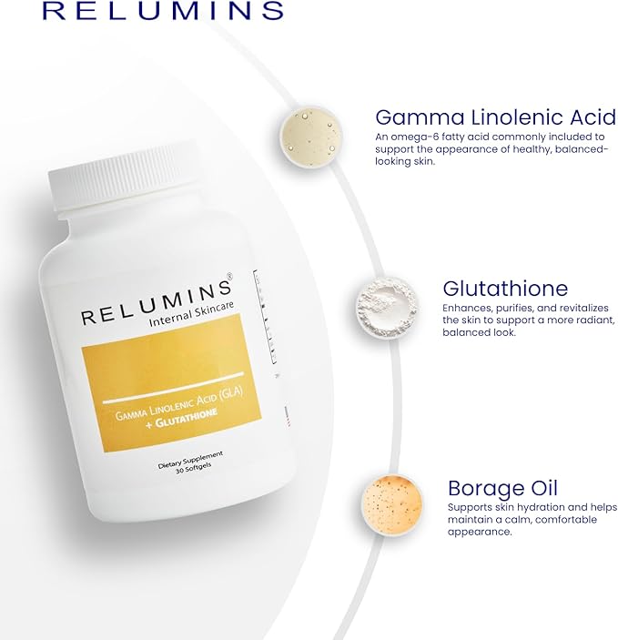 Relumins GLA Plus Glutathione Supplement – 240mg Borage Seed Oil GLA &amp 75mg Capsules – Hydrate Protect &amp Glow from Within – 30 Capsules - Moisturized Radiant Healthy-Looking Skin