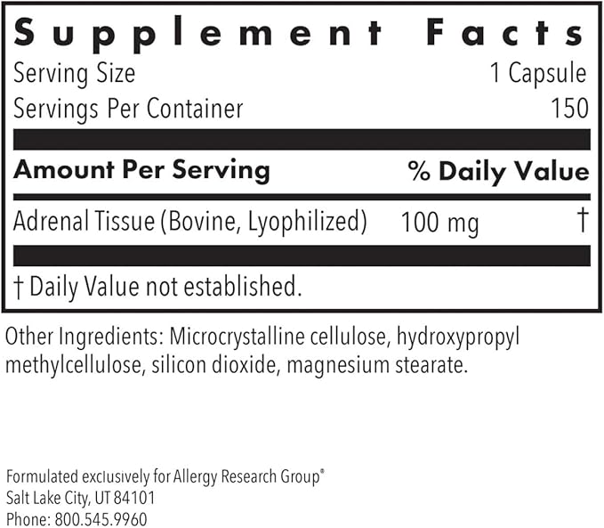 Allergy Research Group ARG Adrenal Cortex - Supports Healthy Stress Response &amp Metabolism - Delivers 150 mg Freeze-Dried Bovine Adrenal Cortex Tissue - 100 Servings - 150 Capsules