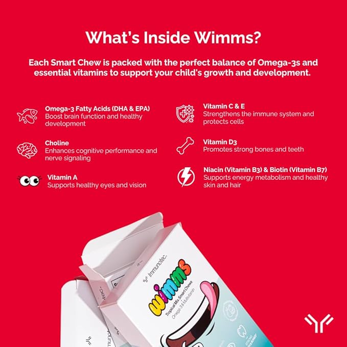 Immunotec Wimms Smart Chews – Kids Omega-3 &amp Multivitamin Supplement – Supports Brain Development Focus &amp Immune Health – DHA EPA Vitamin D3 C &amp E – Sugar-Free – 30 Chews