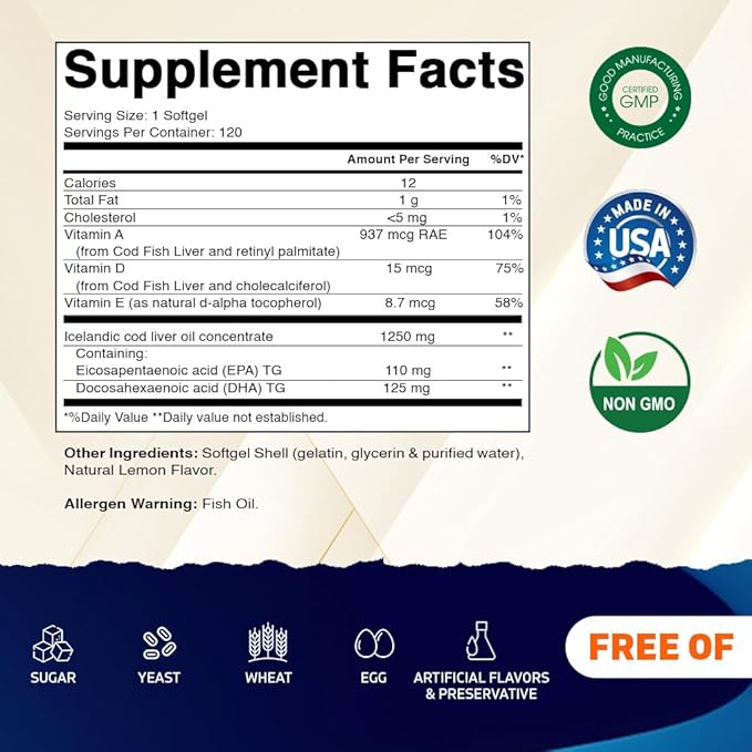 Vitamatic 2 Pack Icelandic Cod Liver Oil Capsules 1250mg 120 Softgels (Lemon Flavor) - Promotes Cardiovascular Health