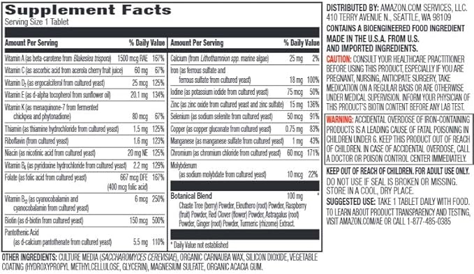 Amazon Elements Women’s One Daily Multivitamin 59% Whole Food Cultured Vegan 65 Tablets 2 month supply (Packaging may vary)