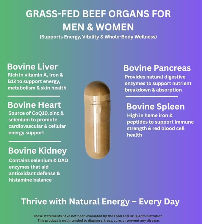 Beef Organ Supplement Capsules for Energy &amp Vitality – Grass-Fed Organ Complex (Liver Heart Kidney Pancreas Spleen) 180 Capsules Hormone-Free Made in USA
