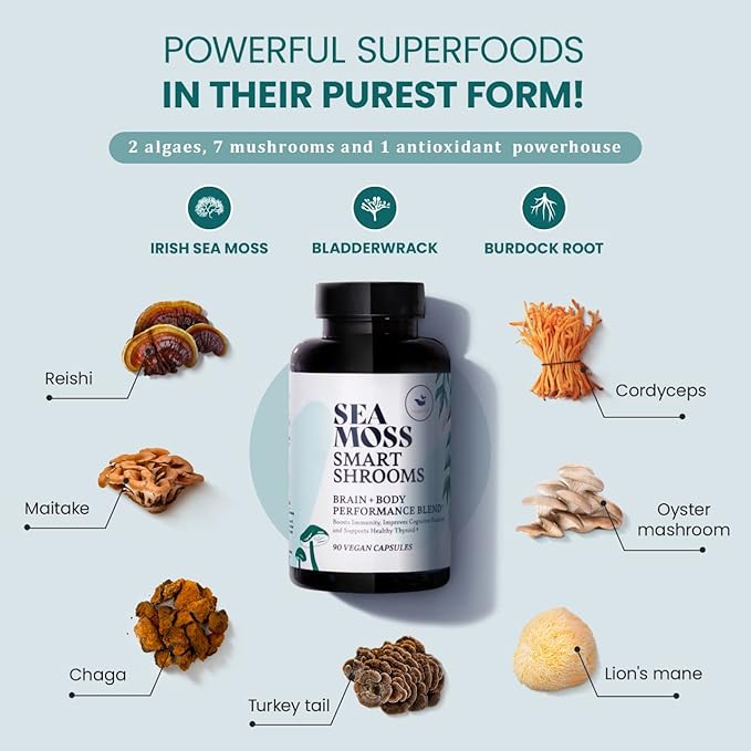 HAPPY FOX Irish Sea Moss Capsules &amp Mushroom Complex - Organic Seamoss with Adaptogens for Brain Health 1500mg 90 Vegan Capsules Organic Mushroom Supplement