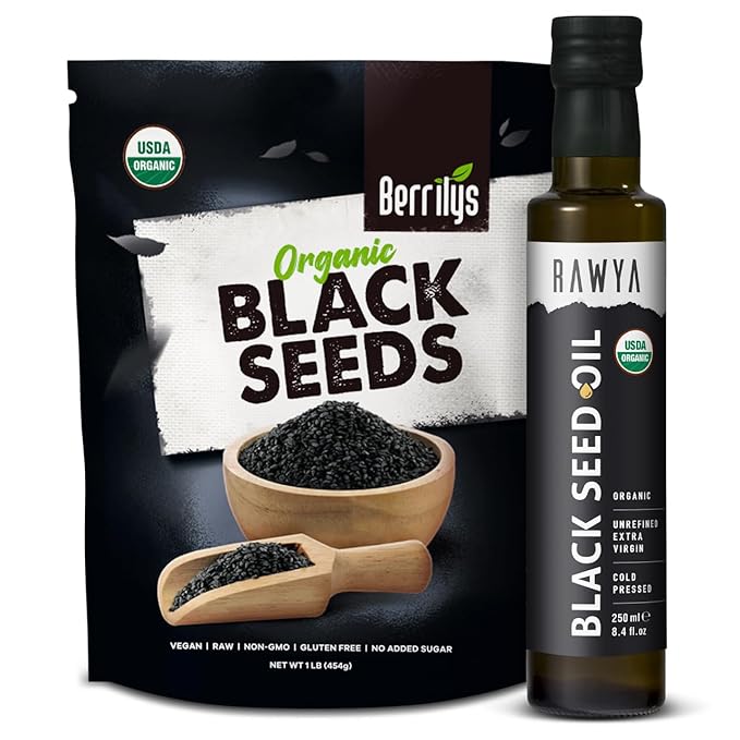 RAWYA Black Seeds + Black Seed Oil - USDA Organic Certified Cold Pressed Nigella Sativa Cumin Seed Oil Kalonji Premium Quality High Thymoquinone Pure &amp Natural 8.4 Oz + 16 Oz Seeds