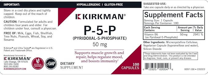 Kirkman – P-5-P (Pyridoxal 5-Phosphate Vitamin B-6 Metabolite) 50 mg - Hypoallergenic 100 Count