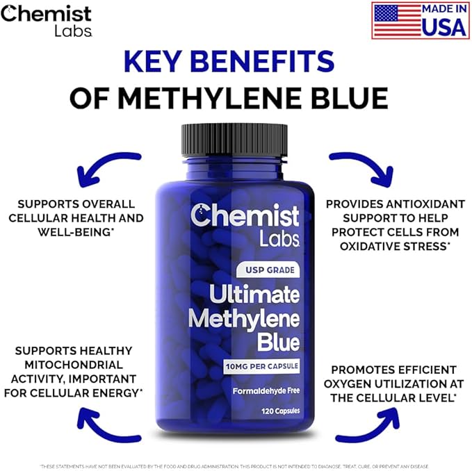 Methylene Blue Capsules for Humans - USP Grade 99% Purity Methylene Blue Pharmaceutical Grade Third Party Tested Supports Cellular &amp Mitochondrial Function Made in USA 120 Count