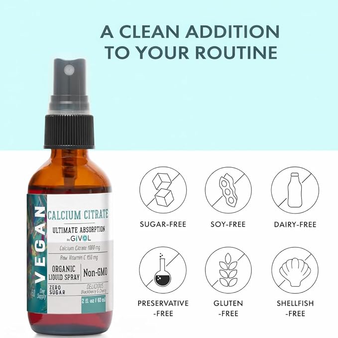 Liquid Calcium Citrate 1000mg &amp Raw Vitamin C 150mg Liquid Spray Mist for Easy Absorption Wild Cherry &amp BlackBerry Flavor Calcium Supplement Non-GMO Gluten Free Sugar-Free 2oz (60ml)