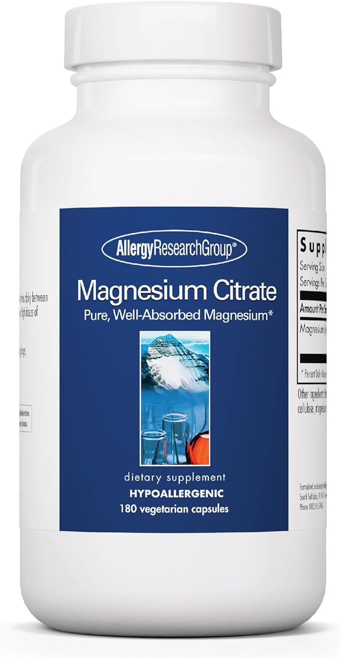 Allergy Research Group Magnesium Citrate - Supports Energy Levels Bone Health &amp Stress Response - Delivers 170 mg Magnesium Citrate - Bioavailable - 180 Servings - 180 Capsules