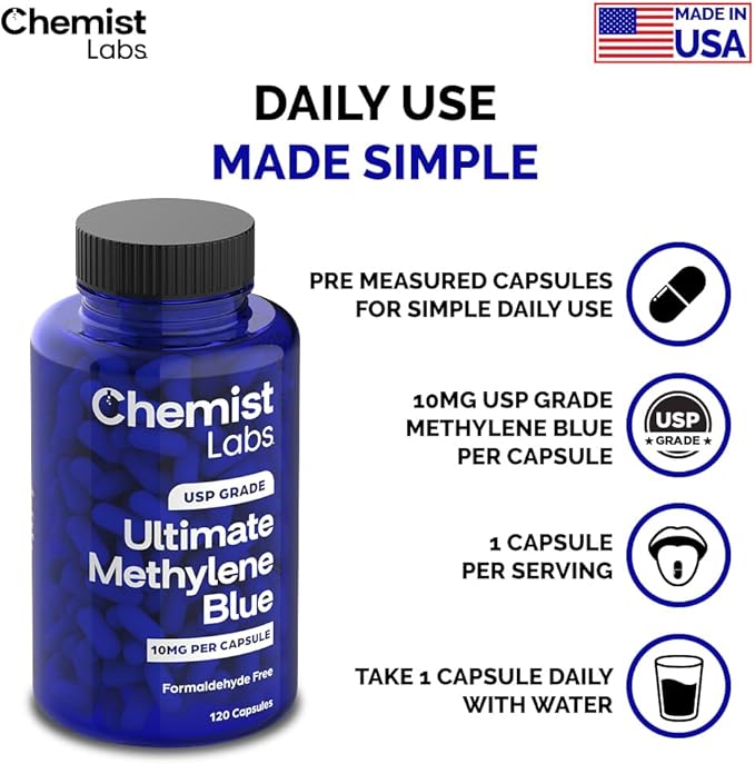 Methylene Blue Capsules for Humans - USP Grade 99% Purity Methylene Blue Pharmaceutical Grade Third Party Tested Supports Cellular &amp Mitochondrial Function Made in USA 120 Count