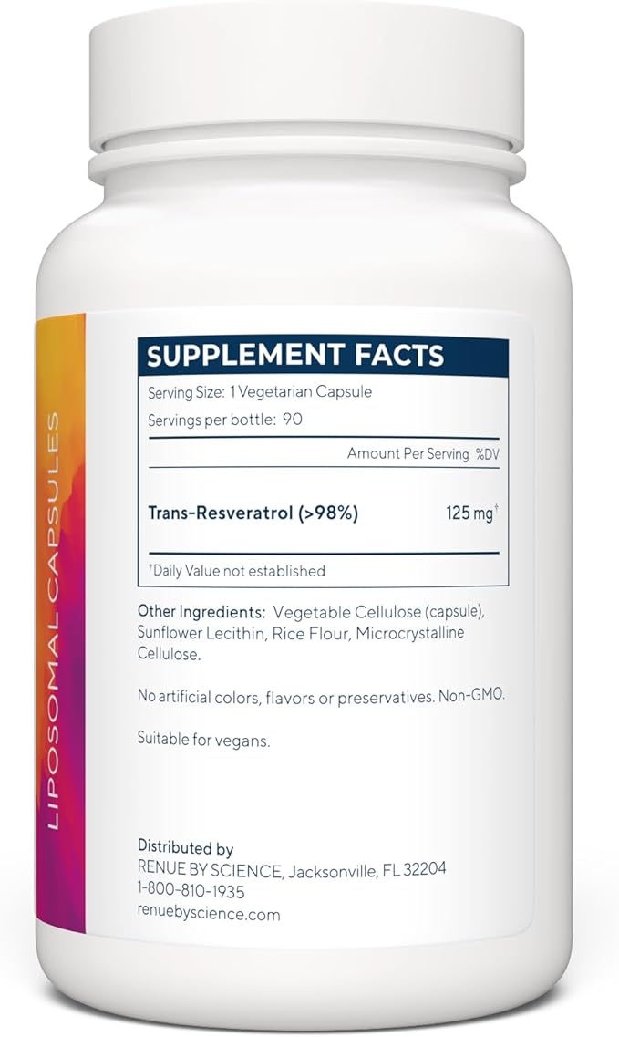 Renue By Science Resveratrol | High Strength Liposomal Resveratrol Supplement | 90 Trans Resveratrol Capsules - 125mg Reservatrol per Serving | Non-GMO | Made in the USA Third-Party Tested
