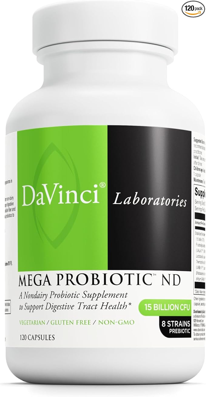 DAVINCI Labs Mega Probiotic ND - Non-Dairy Probiotic Supplement Supports Gut Digestive &amp Brain Health* - Gut Health Support Supplement with Non-Dairy Complex* - 120 Vegetarian Caps