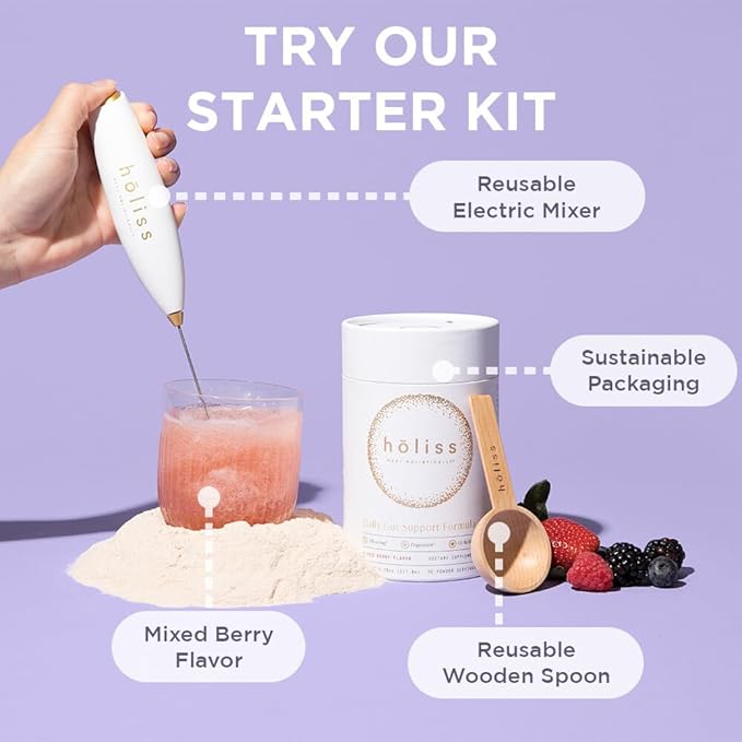 Daily Gut Health Kit – 6-in-1 All Natural Supplement Bloat &amp Gas Aid GI Lining Repair IBS Support – Lemon Balm L-Glutamine PepZinGI Mixed Berry 30 Servings Electric Mixer &amp Spoon